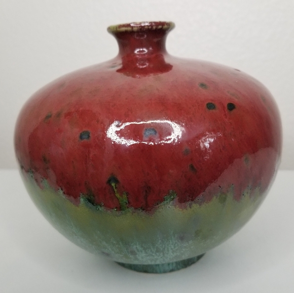 Stoneware Pottery Vase Drip Glaze on Multicolor Maroon Green Teal 6" - Picture 4 of 11